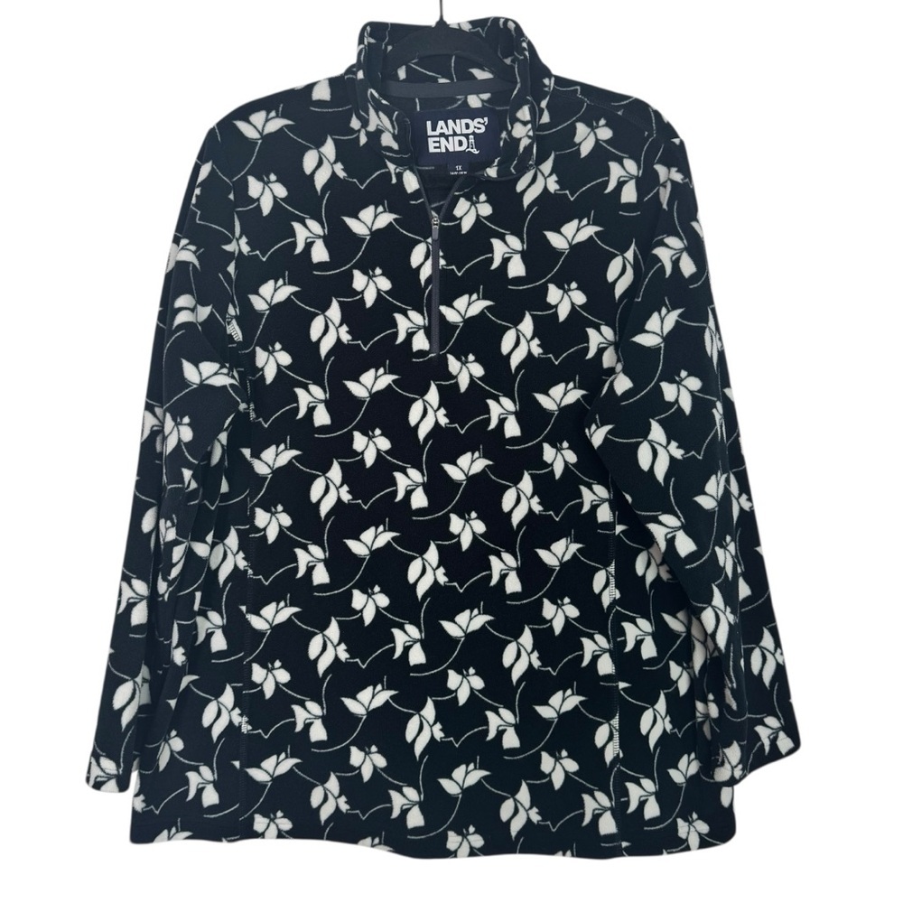 Lands' End Women's Floral Dark Navy and White Quarter Zip 1X Fleece Pullover